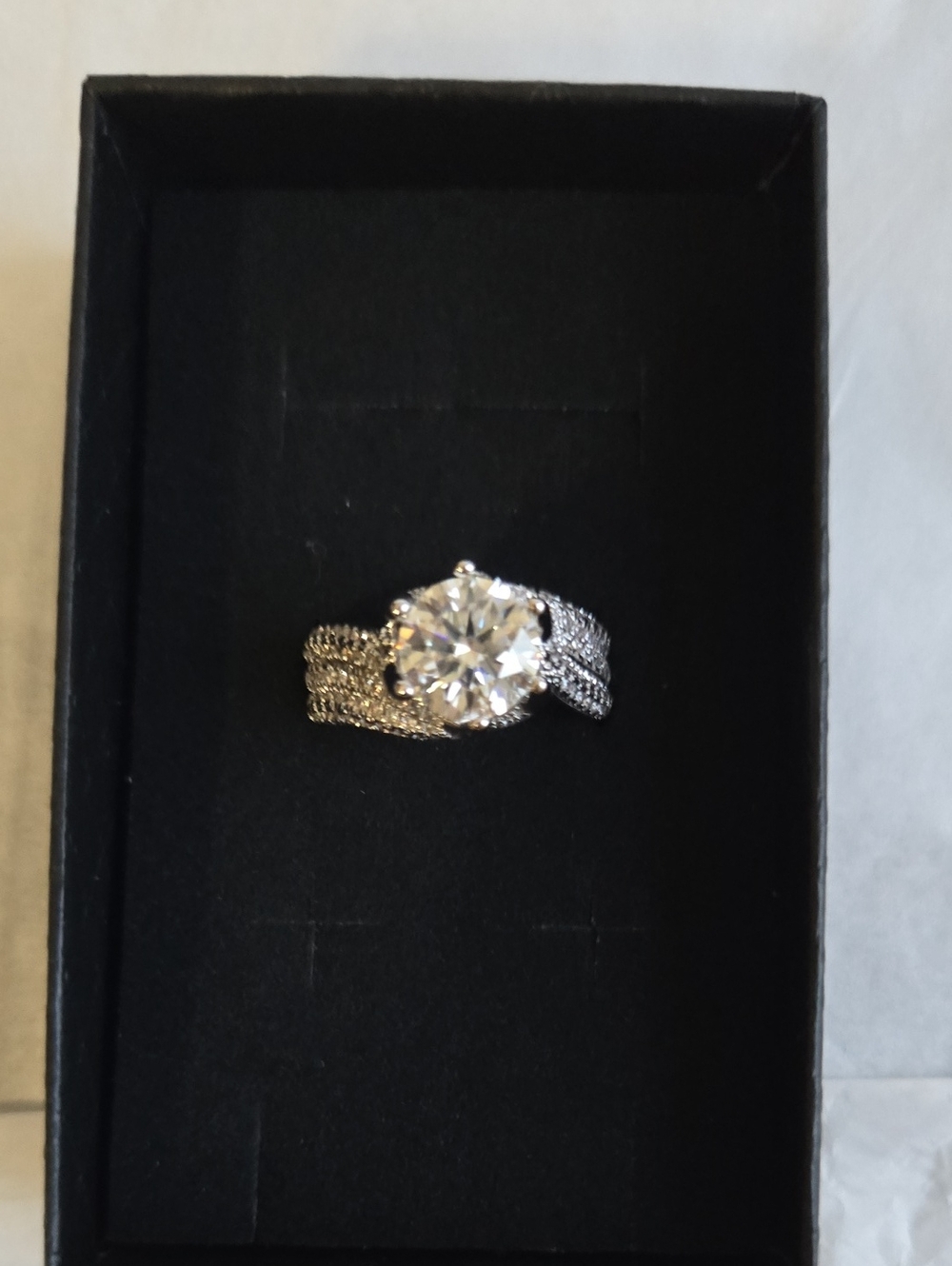 White Gold Plate Braided Band Wedding Ring with Round Sparkling Moissanite Stone